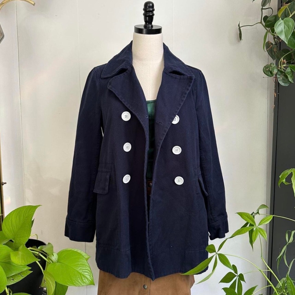 J Crew Womens Navy Blue Double Breasted Cotton Pea Coat White Buttons Medium